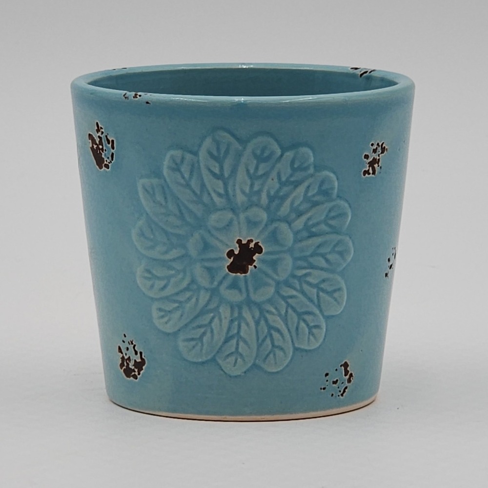 Blue Ceramic Flower Pot Planter Embossed Floral Distressed Farmhouse Decor